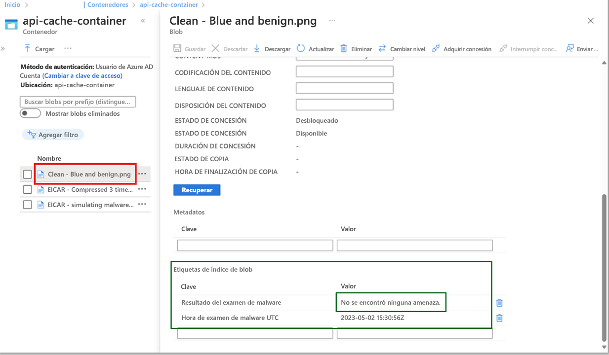 Captura de pantalla que muestra los resultados del examen de malware y la hora universal coordinada del examen de malware en los metadatos del blob.