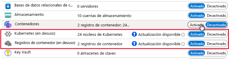 Captura de pantalla que muestra que la suscripción ya tiene habilitado Defender para Kubernetes y Defender para registros de contenedor.