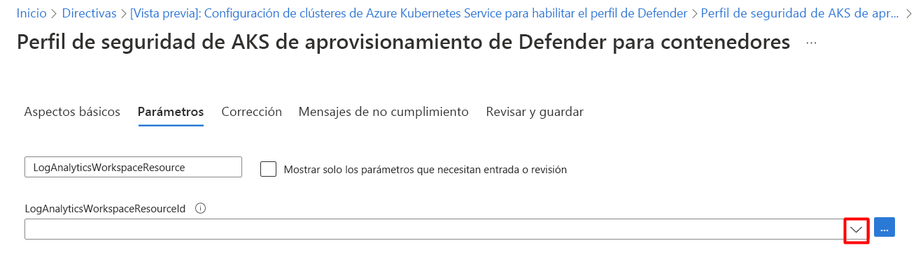 Captura de pantalla que muestra cómo configurar parámetros para un área de trabajo de Log Analytics.