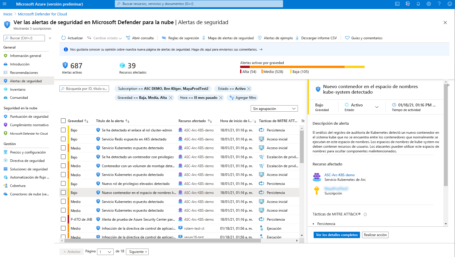 Captura de pantalla que muestra la página de alertas de seguridad de Microsoft Defender for Cloud.