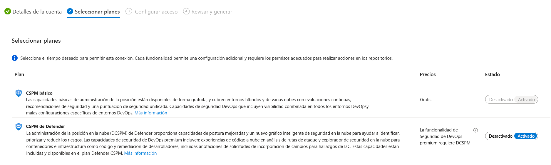 Captura de pantalla que muestra cómo configurar el estado del plan de CSPM de Defender para el conector de GitHub.