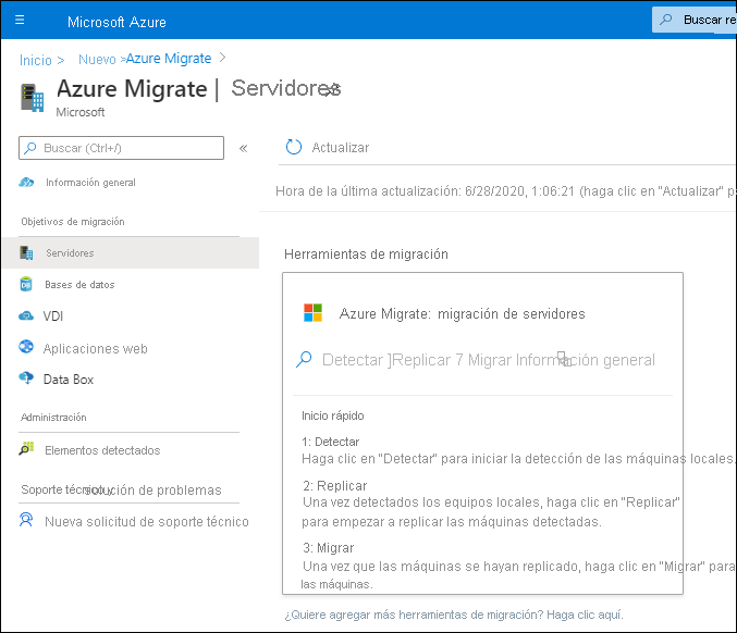 Captura de pantalla de Azure Portal. El administrador ha agregado Azure Migrate y ha seleccionado la herramienta de migración de servidores de Azure Migrate.