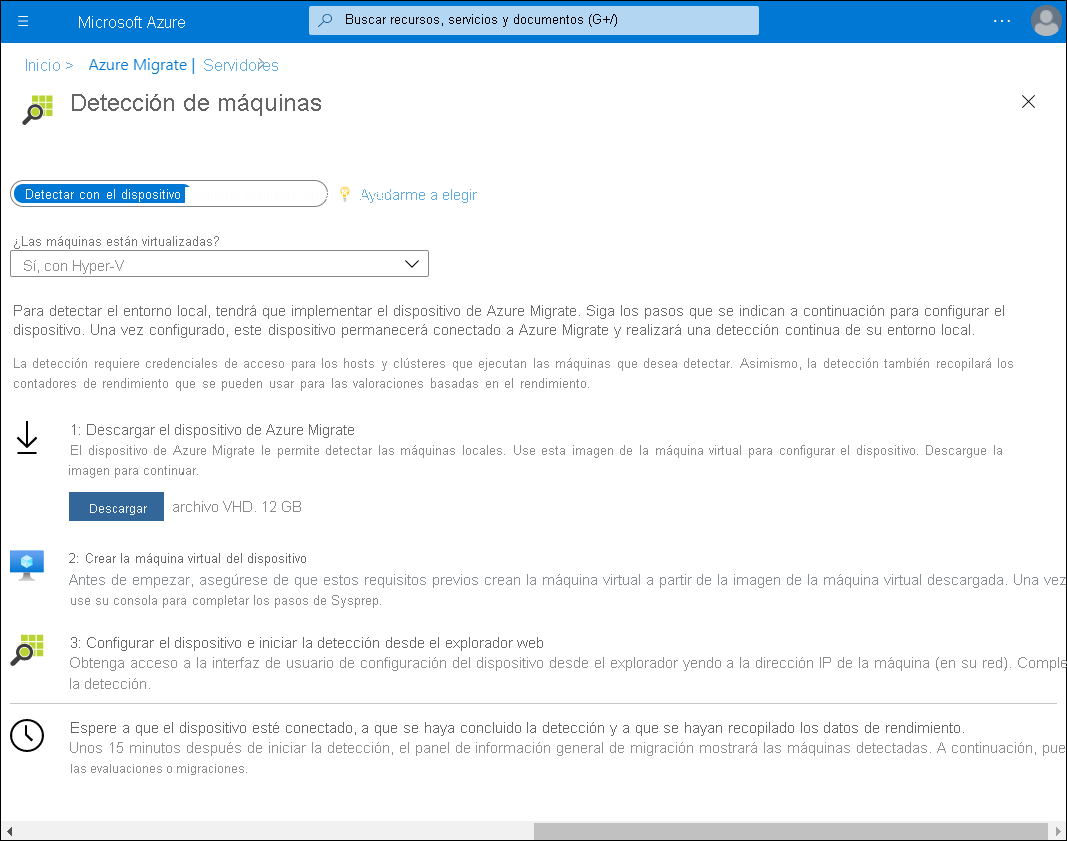Captura de pantalla de la hoja Detectar máquinas en Azure Migrate. En el símbolo del sistema 