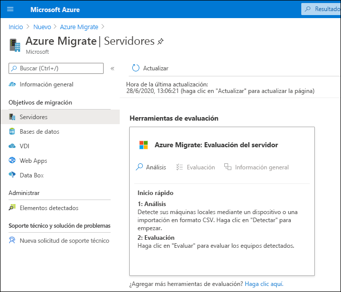 Captura de pantalla de Azure Portal. El administrador ha agregado Azure Migrate y ha seleccionado la herramienta de evaluación de servidores de Azure Migrate.