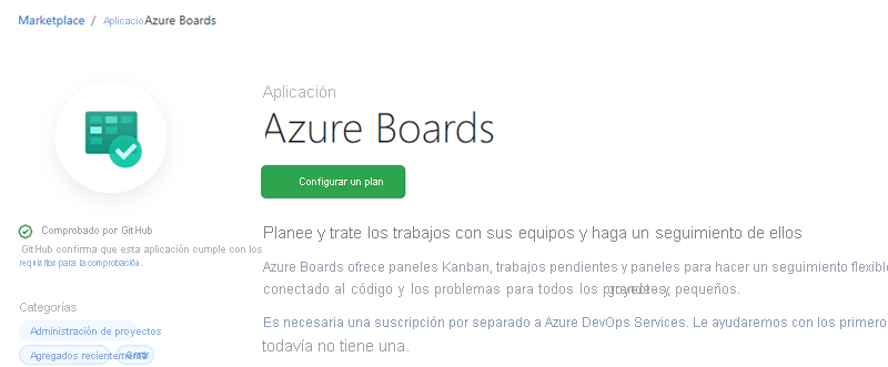 Captura de pantalla de la integración de la aplicación Azure Boards.