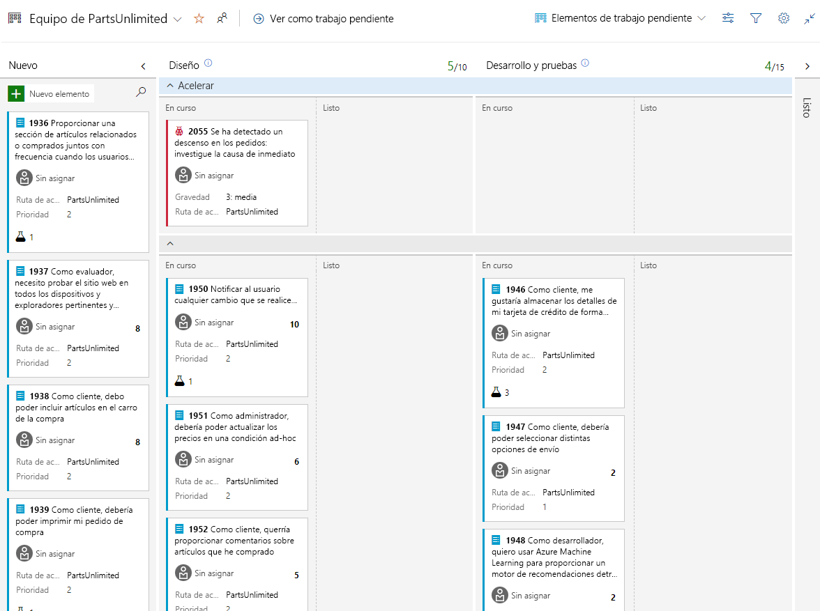 Captura de pantalla de tableros kanban con elementos de trabajo.