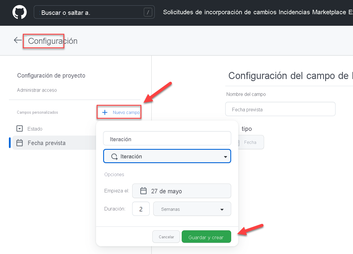 Captura de pantalla de la configuración de GitHub. Creación de una nueva iteración.