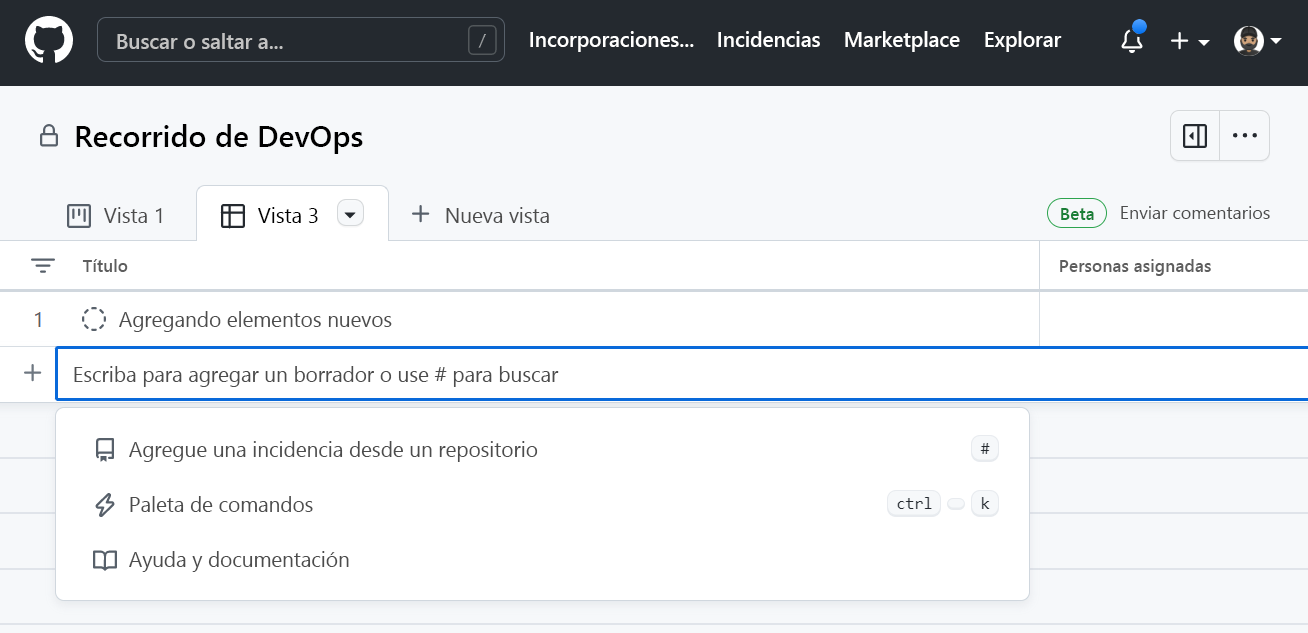 Captura de pantalla de la lista de proyectos de GitHub con tareas vacías.