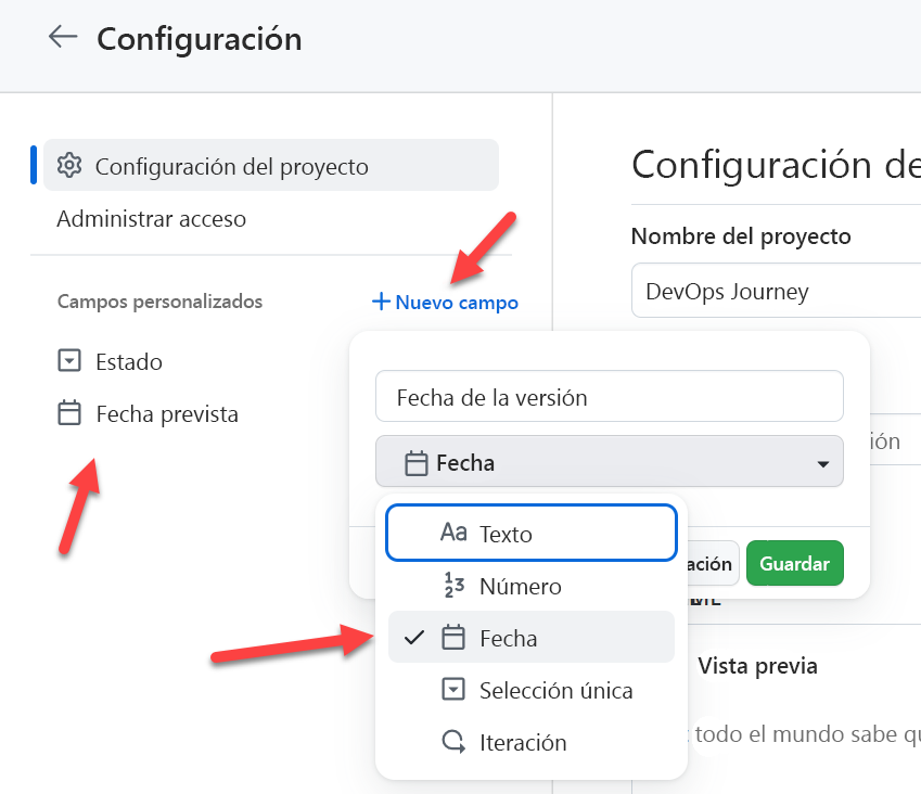 Captura de pantalla de la configuración de Proyectos de GitHub para crear campos personalizados.