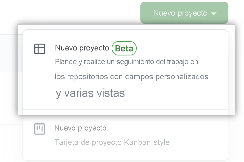 Captura de pantalla de la nueva característica de Proyectos (beta) de GitHub.