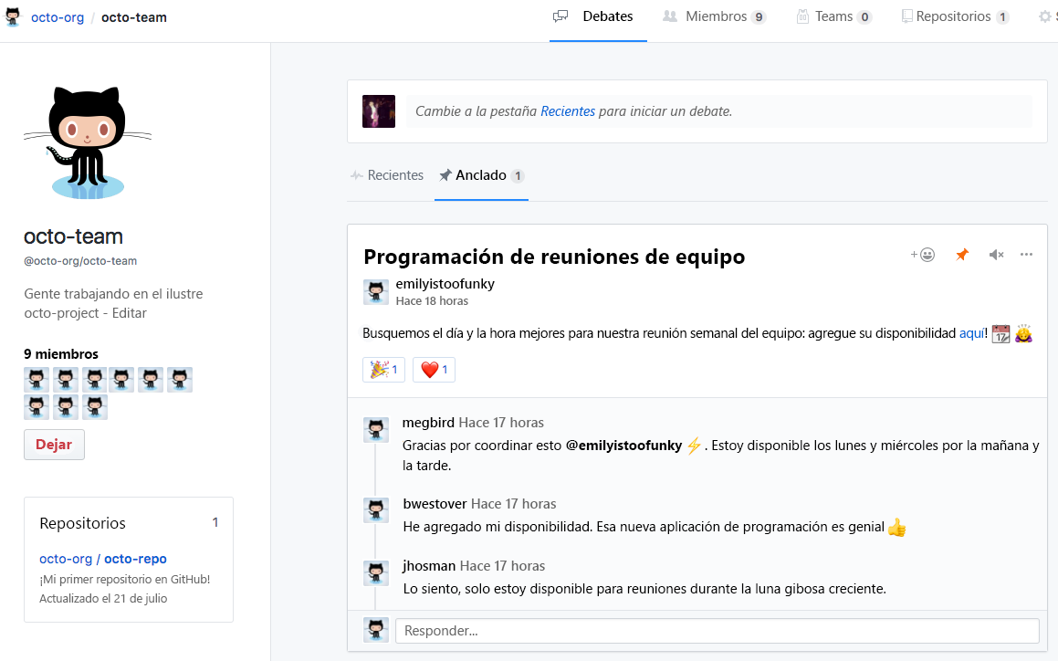 Captura de pantalla de la característica de discusión de grupo de GitHub.