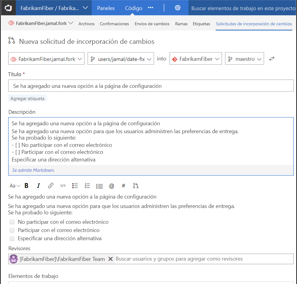 Diagrama que muestra Crear y completar una solicitud de incorporación de cambios.