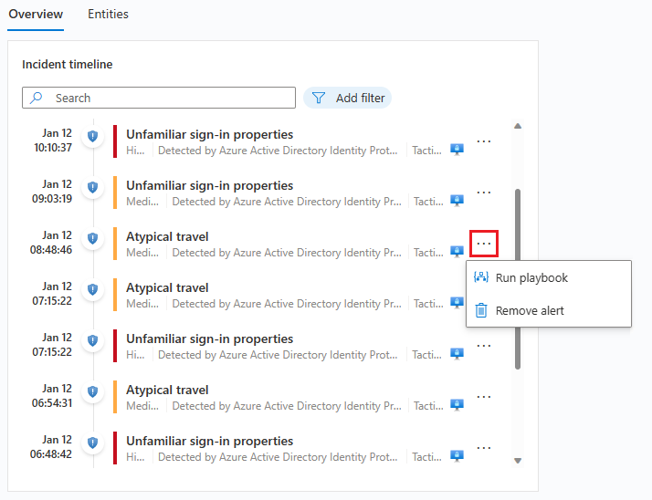 Captura de pantalla que muestra un ejemplo de la página de detalles de la escala de tiempo del incidente en Microsoft Sentinel.