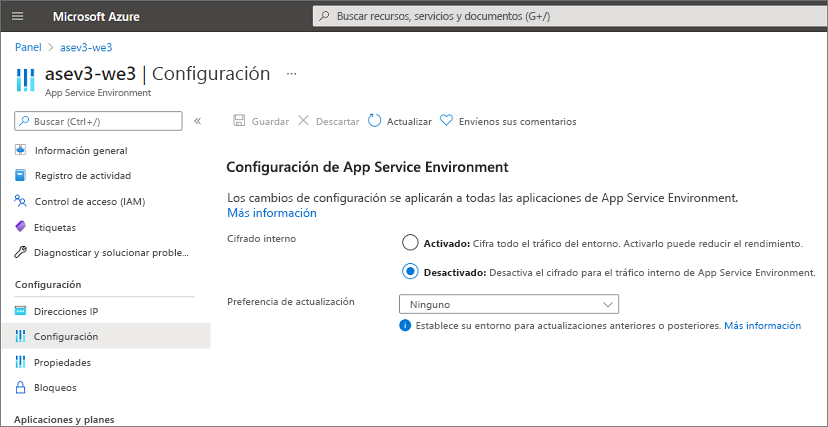 Captura de pantalla que muestra la página de configuración del entorno del servicio de aplicación.