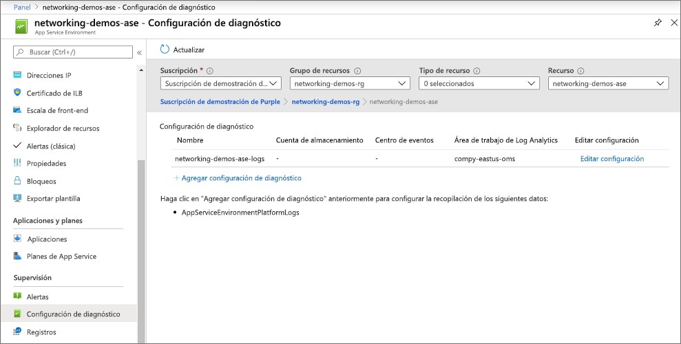 Captura de pantalla que muestra la página de configuración de diagnóstico.