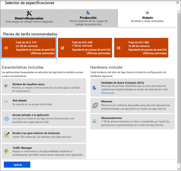 Captura de pantalla que muestra el panel del selector de especificaciones.