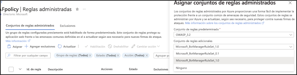 Captura de pantalla que muestra un ejemplo de cómo asignar conjuntos de reglas administradas.
