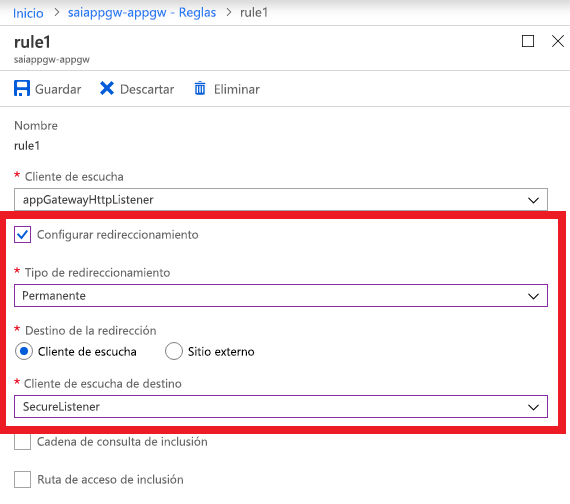 Recorte de pantalla que muestra un ejemplo de una página de configuración de redireccionamiento.