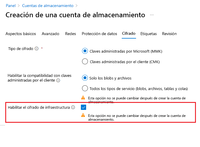 Recorte de pantalla que muestra cómo crear una cuenta con el cifrado de la infraestructura habilitado.