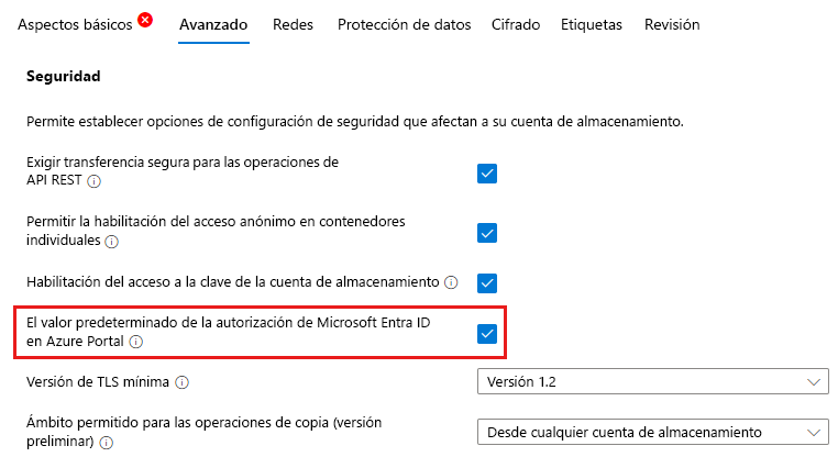 Recorte de pantalla que muestra la página de creación de la cuenta de autenticación predeterminada.