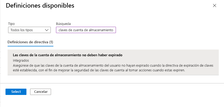 Recorte de pantalla que muestra un ejemplo de definición de directivas para asegurar que las claves de las cuentas de almacenamiento no caducan.