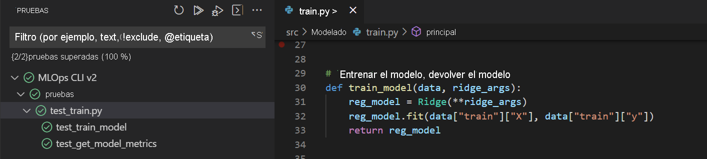 Captura de pantalla de los resultados correctos de la prueba de la unidad en Visual Studio Code.