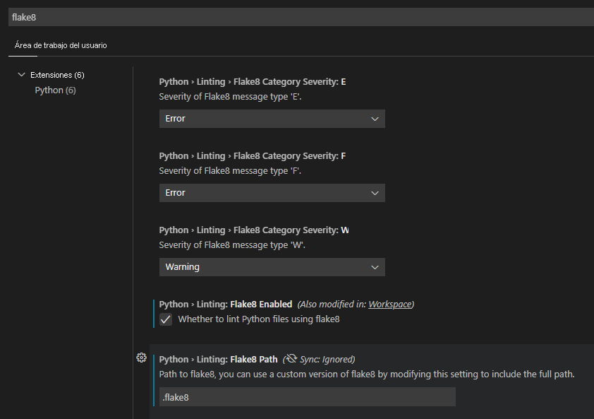 Captura de pantalla de la configuración de Flake8 en Visual Studio Code.