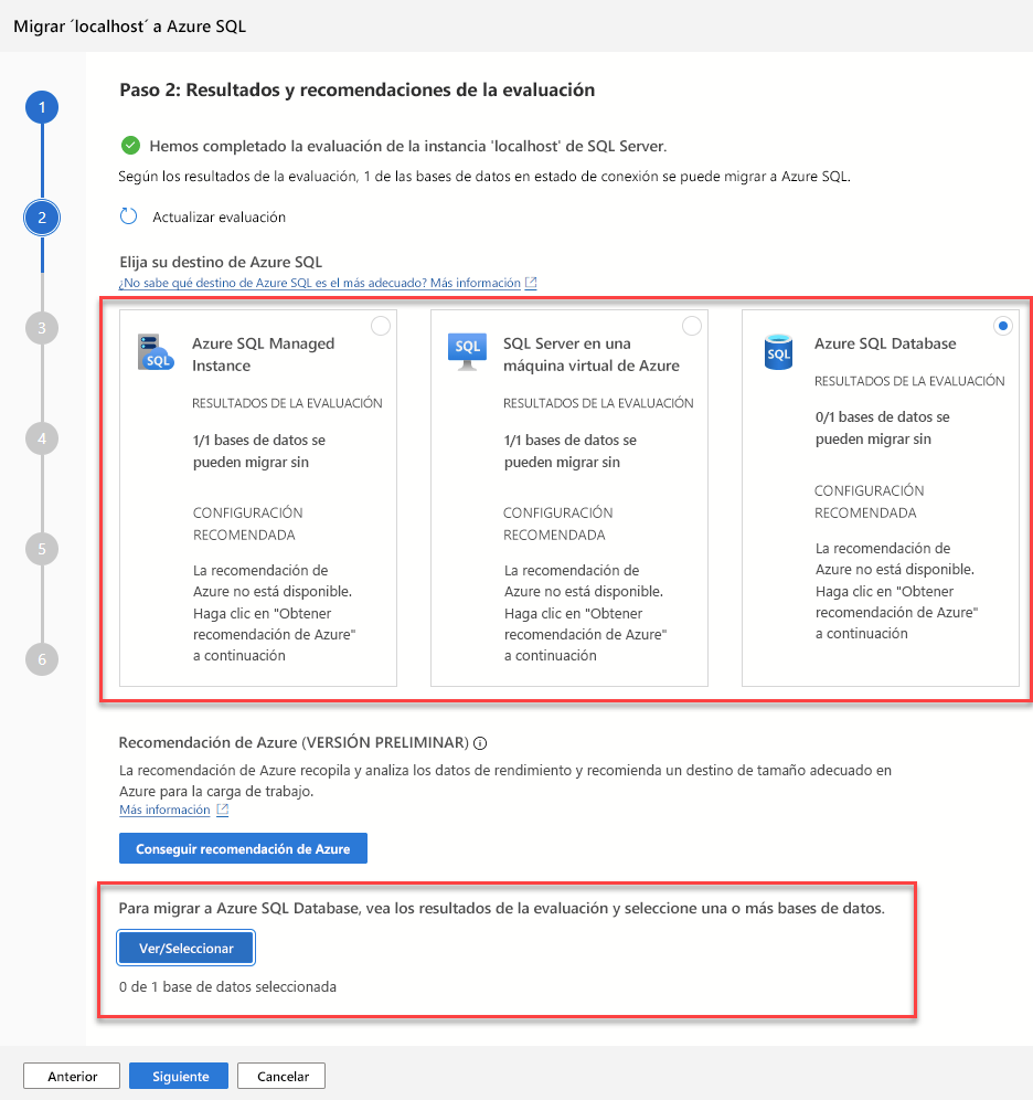 Screenshot of the assessment results page for the migration extension wizard.