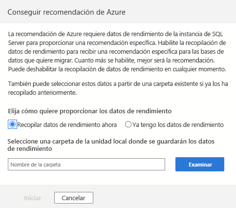 Screenshot of the Azure recommendation sidebar featuring configurations about where the performance data will be saved.