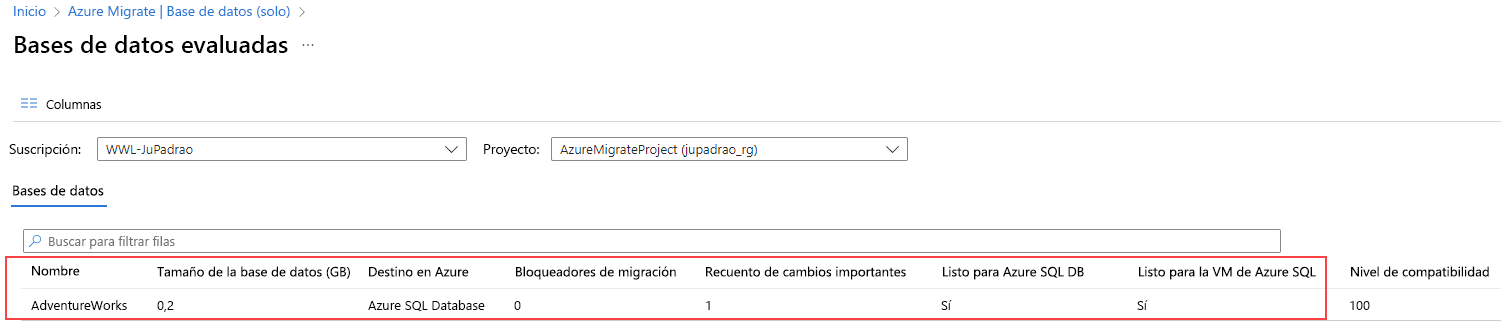 Captura de pantalla de los resultados de la página Bases de datos valoradas después de cargarse el informe de valoración.