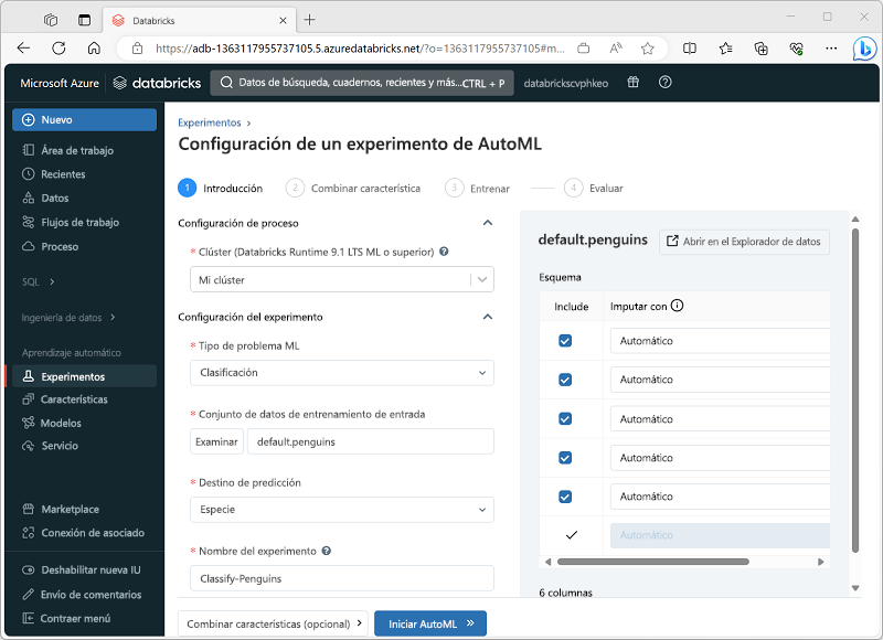 Captura de pantalla de la interfaz Configurar experimento de AutoML en Azure Databricks.