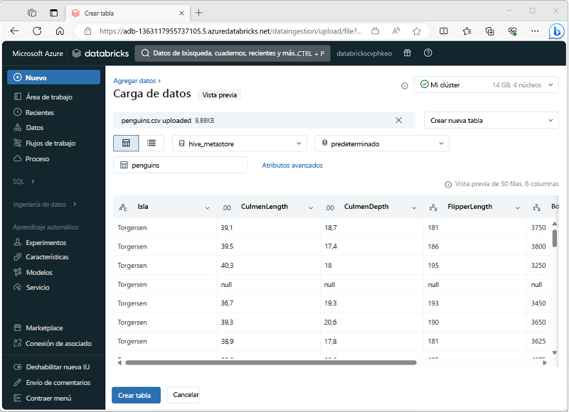 Captura de pantalla de la interfaz Cargar datos de Azure Databricks.