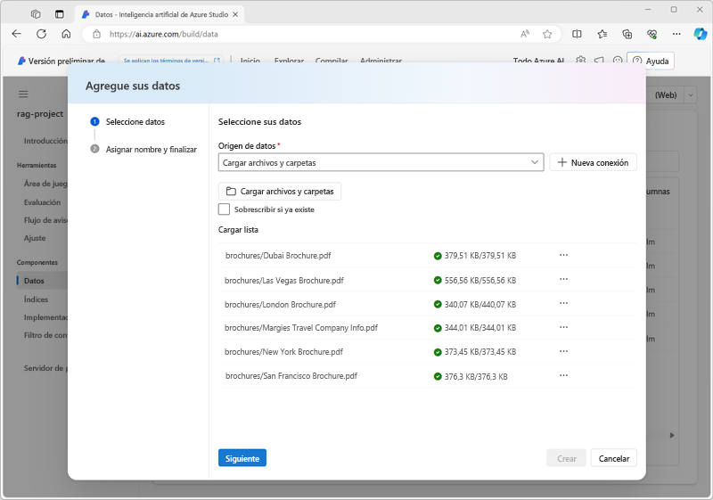 Captura de pantalla del cuadro de diálogo Agregar datos en Azure AI Studio.