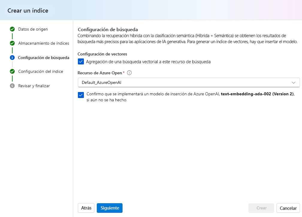 Captura de pantalla de la creación de un índice en la Inteligencia artificial de Azure Studio.