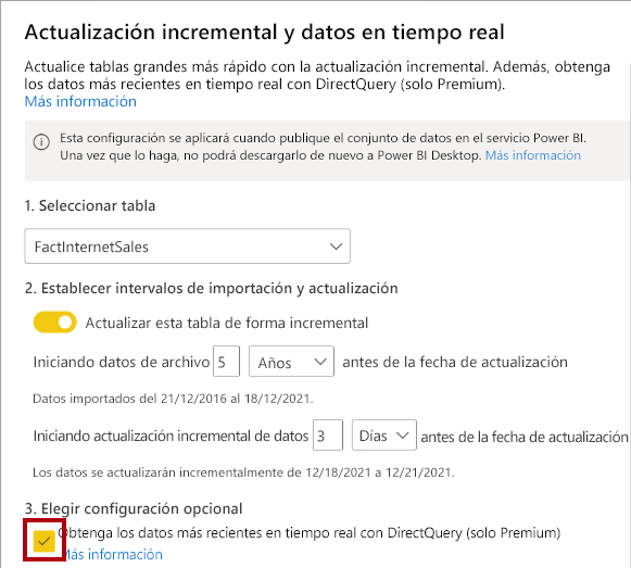 El diagrama animado muestra la actualización incremental y la configuración de datos en tiempo real y resalta la opción Obtener los datos más recientes en tiempo real con DirectQuery.