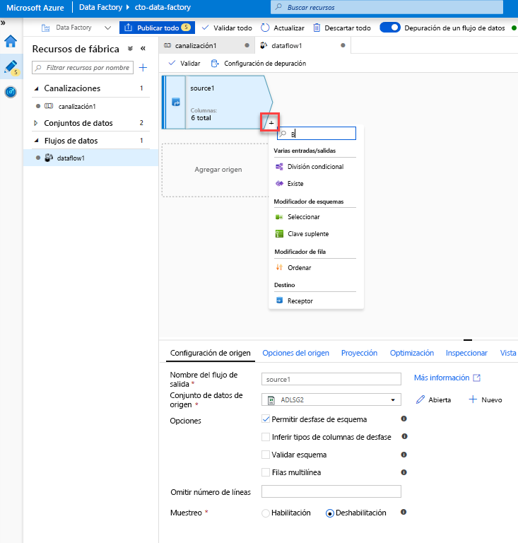 Adición de una transformación a un flujo de datos de asignación en Azure Data Factory