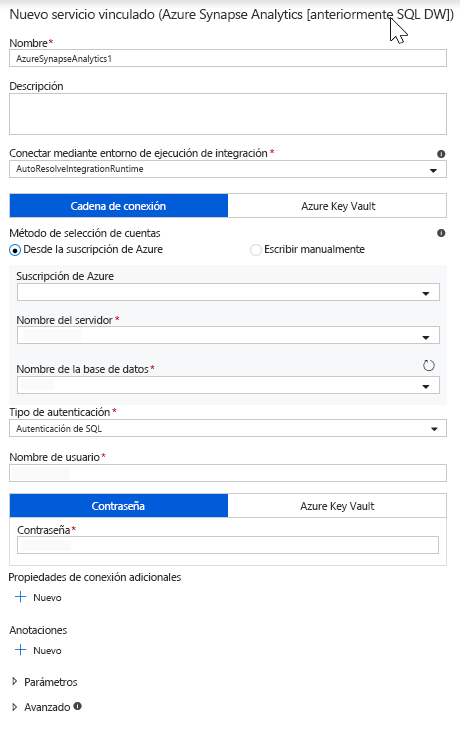 Creación de una conexión de Azure Synapse Analytics en Azure Data Factory