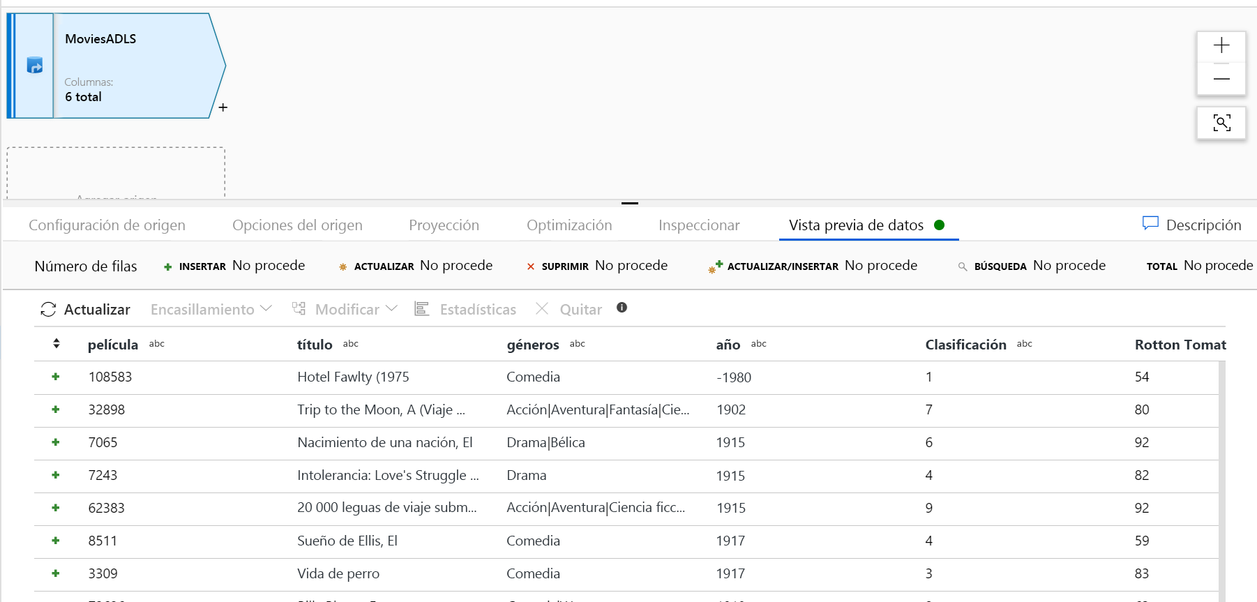 Vista previa de los datos en el flujo de datos de asignación