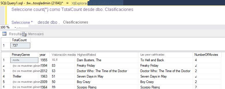 Consulta de los resultados en SQL Server Management Studio