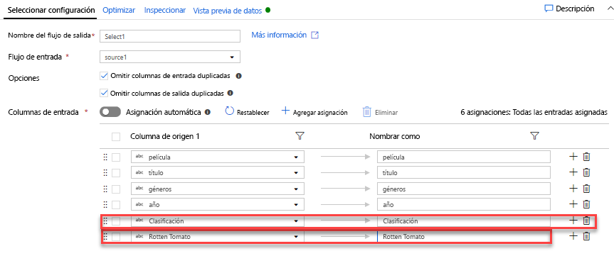 Uso de la transformación de selección para un flujo de datos de asignación en Azure Data Factory