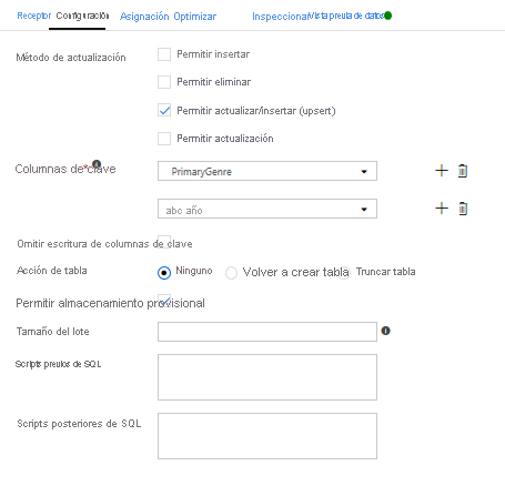 Configuración del receptor en Azure Data Factory