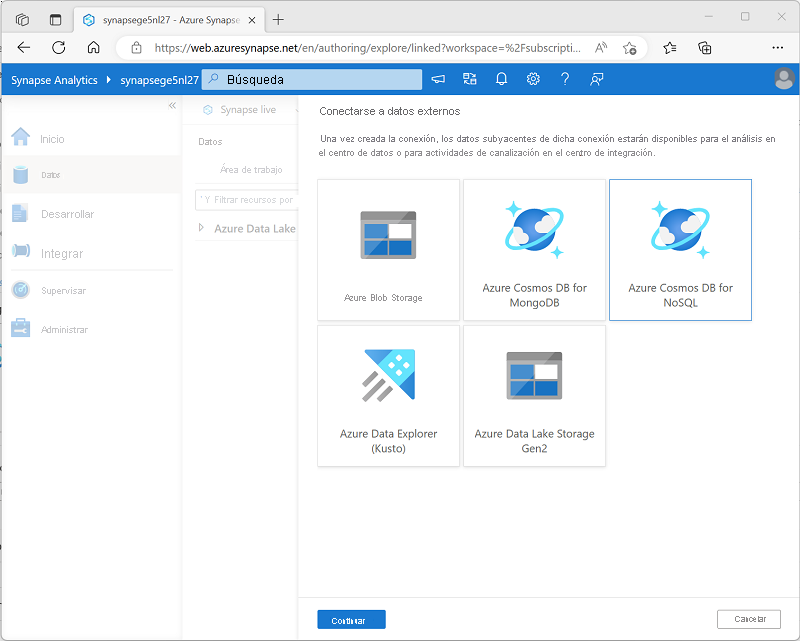 Captura de pantalla de Azure Synapse Studio que muestra la página Conectarse a datos externos.