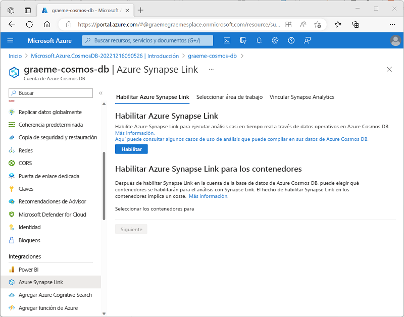 Captura de pantalla en la que se muestra la opción para habilitar Azure Synapse Link para una cuenta de Cosmos DB para NoSQL.