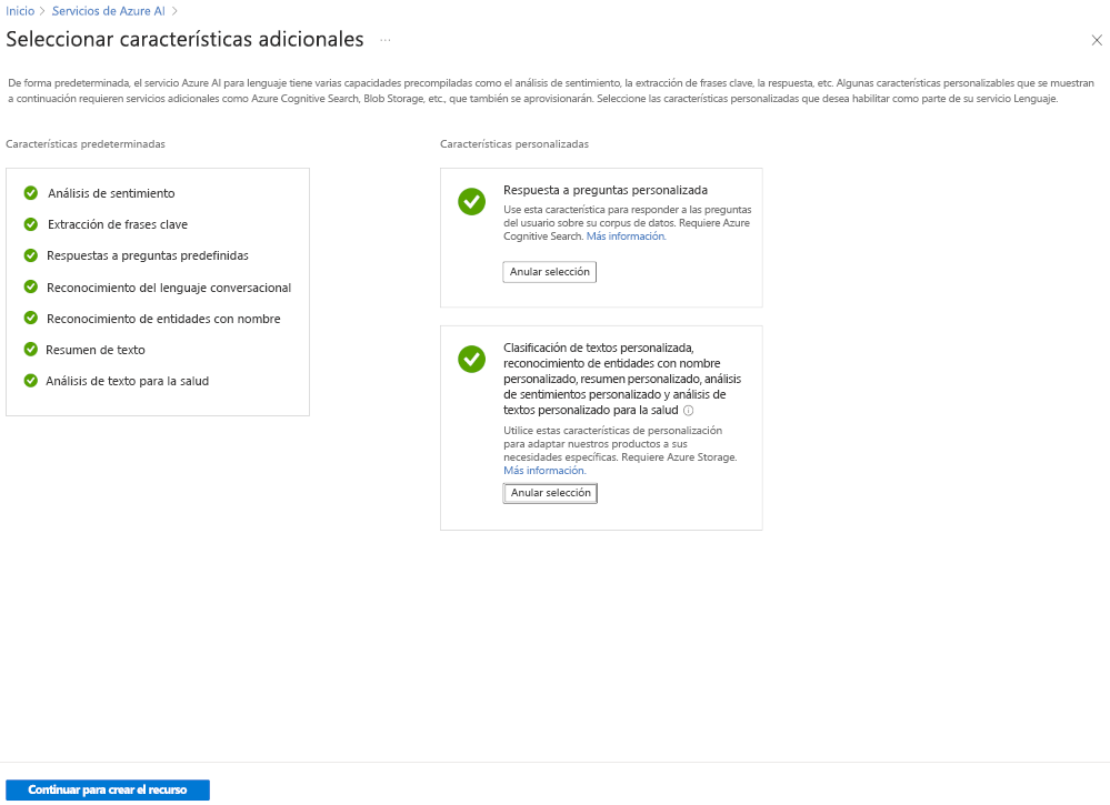 Captura de pantalla que muestra la creación de un servicio de lenguaje en Azure Portal