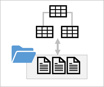 Diagrama de un esquema relacional de tablas vinculadas con archivos superpuestos en un almacén de archivos.