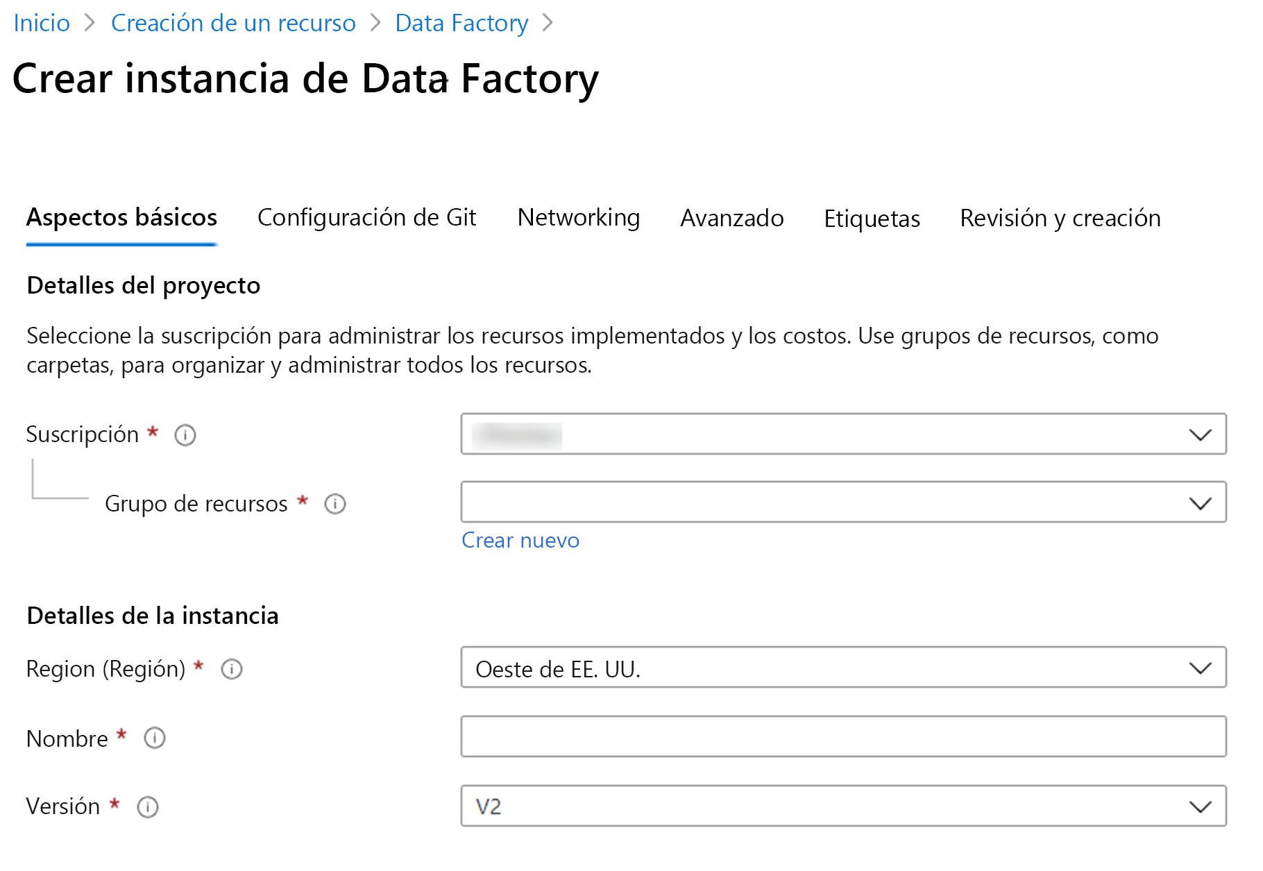 Creación de una instancia de Azure Data Factory