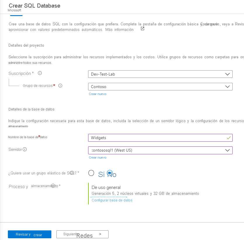 Create SQL Database blade of Azure portal