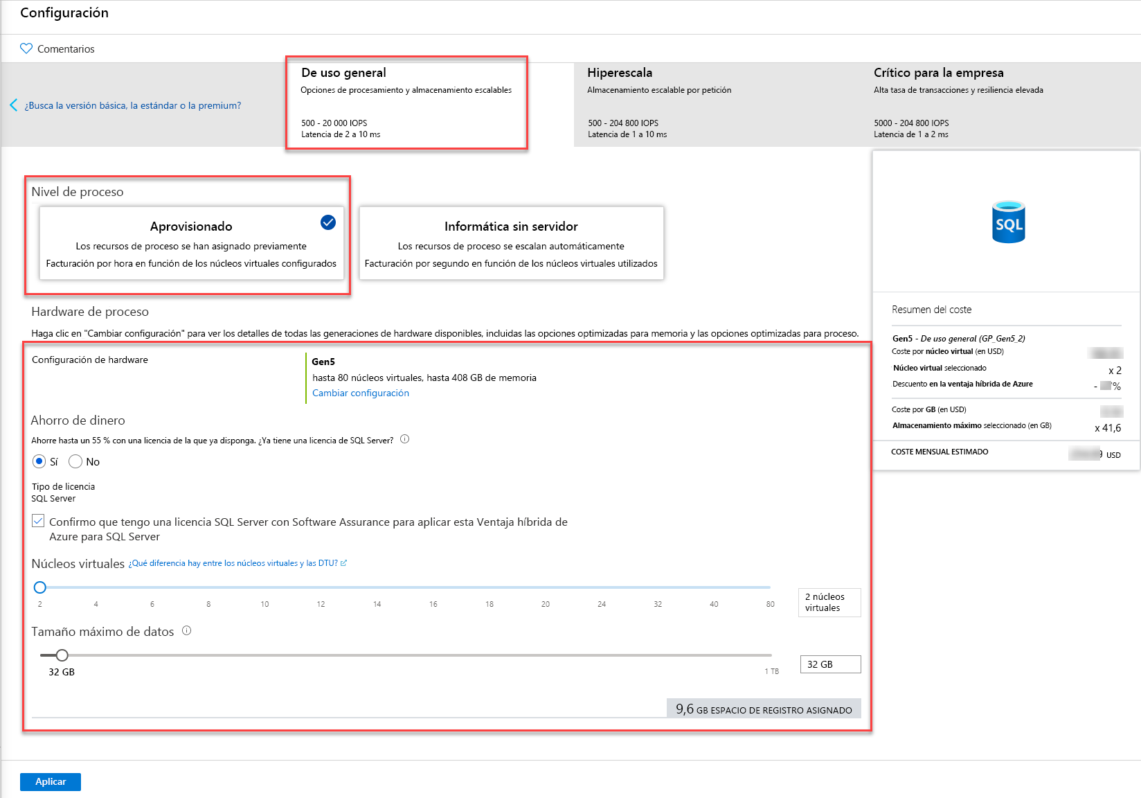 Service Tier selection in Azure portal