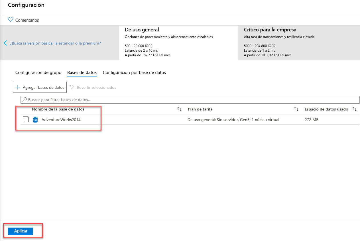 The Final Screen to add a database to an elastic pool