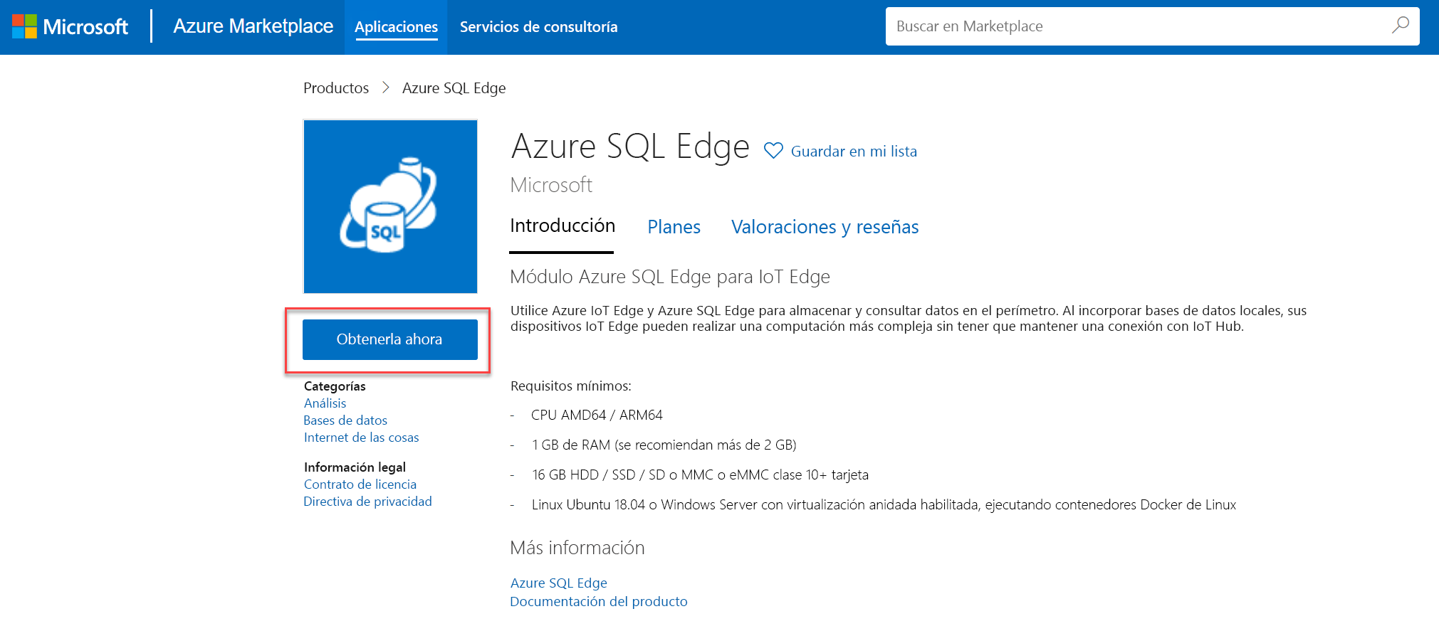 The Azure SQL Edge module overview screen displays with the Get It Now button highlighted.